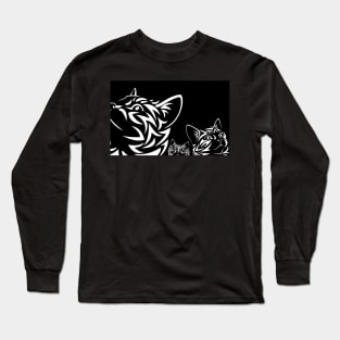 3 Cats on the Prowl in Black and White - Reverse Silhouette Ground View Long Sleeve T-Shirt